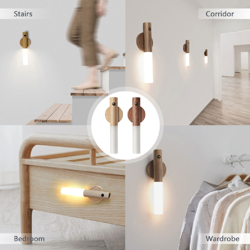 Human body induction small LED night light USB charging hallway induction light closet induction Imitation wood art light