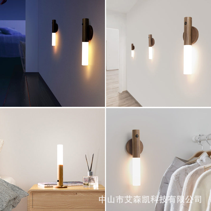 Human body induction small LED night light USB charging hallway induction light closet induction Imitation wood art light